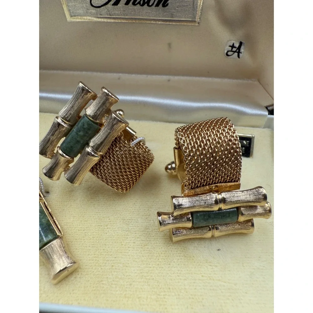 Vintage Anson Bamboo Genuine Jade Cufflinks and Tie Clip Set Gold Tone Mesh Box